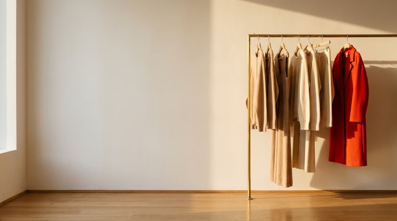 Boutique-Interieur: ein Zinnobermantel neben ruhigen Naturtönen auf einer Messingstange