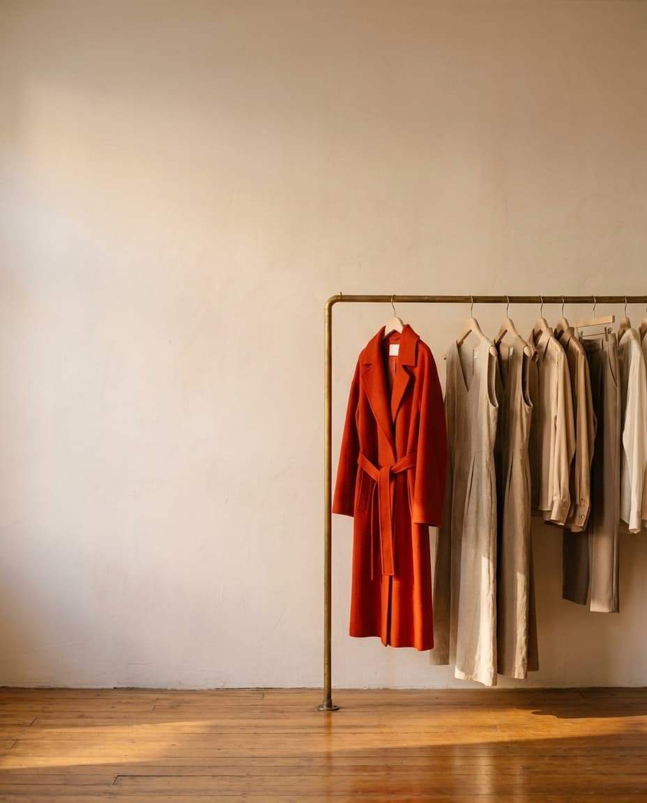 Boutique-Interieur: ein Zinnobermantel neben ruhigen Naturtönen auf einer Messingstange