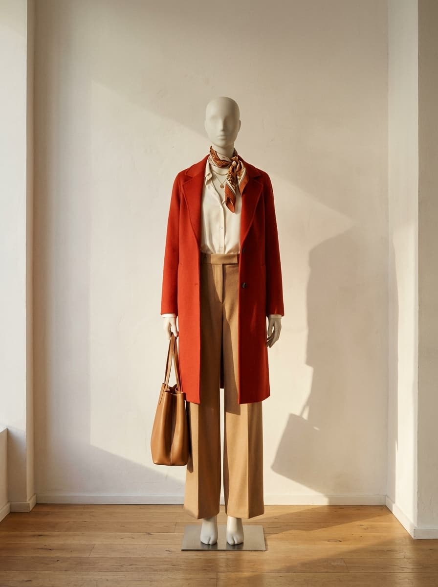 Dieselbe Figur, komplett gestylt mit Zinnobermantel, Bluse, Tuch und Tasche