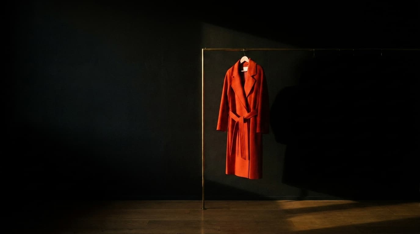 Ein Zinnobermantel leuchtet aus tiefem Schatten in einer Boutique bei Dämmerung
