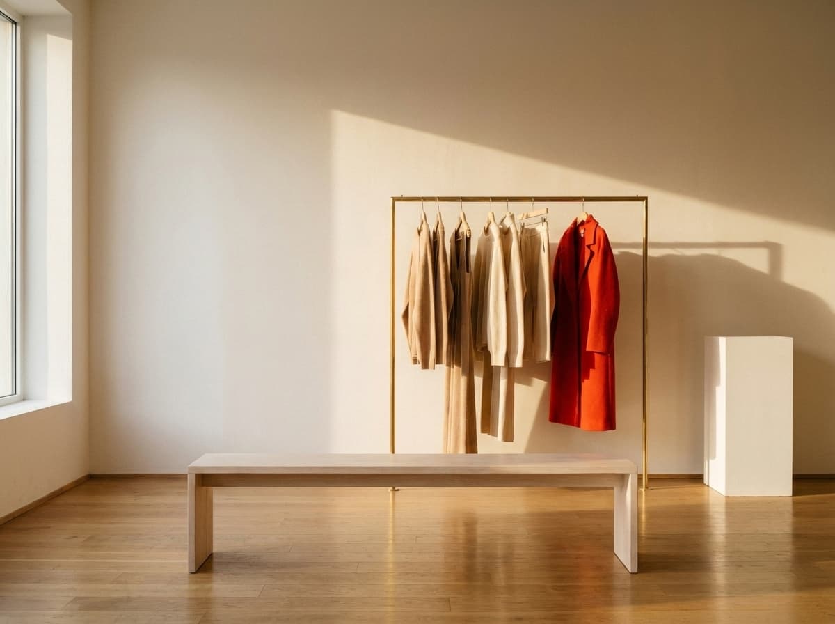 Heller, galerieartiger Boutique-Raum mit Messingstange, Bank und Zinnober-Akzent